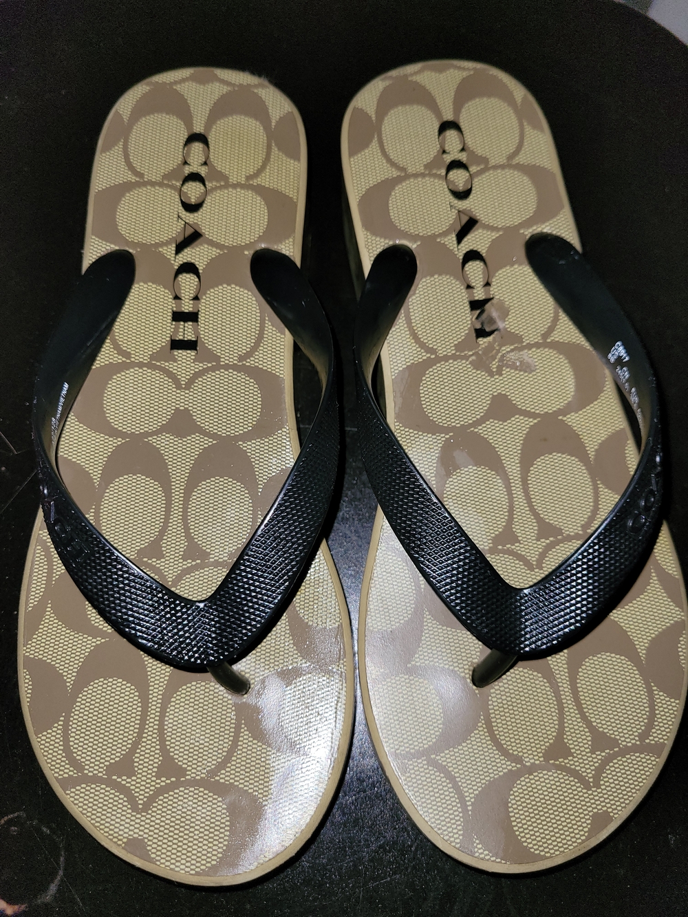 Coach Beige Signature Logo Flip Flops with Black Straps